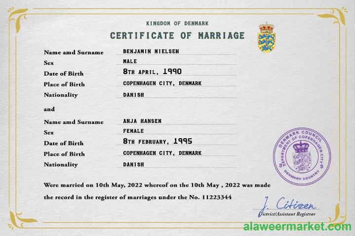 Denmark marriage certificate PSD template